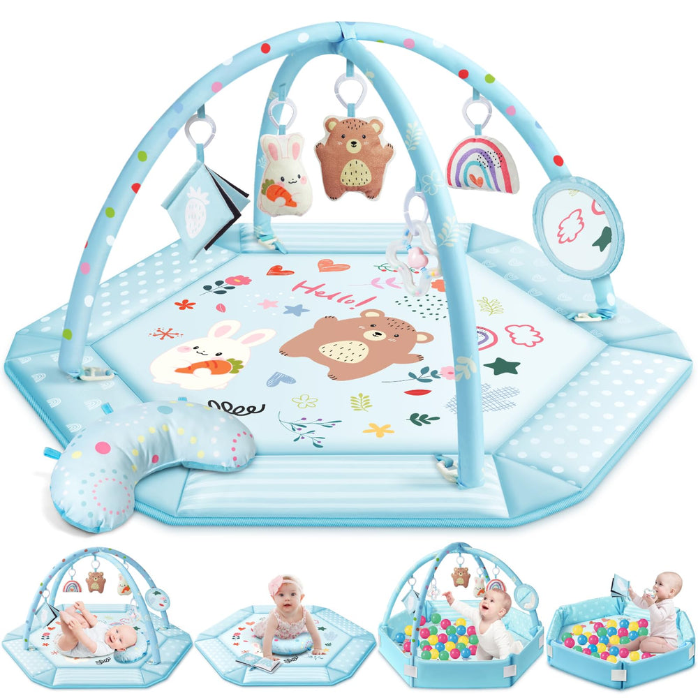 Jyusmile baby gym play mat blue front view for ample tummy-time space