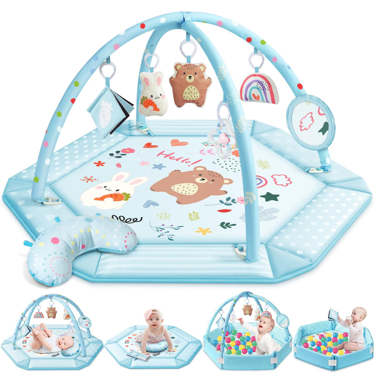 Jyusmile baby gym play mat blue front view for ample tummy-time space