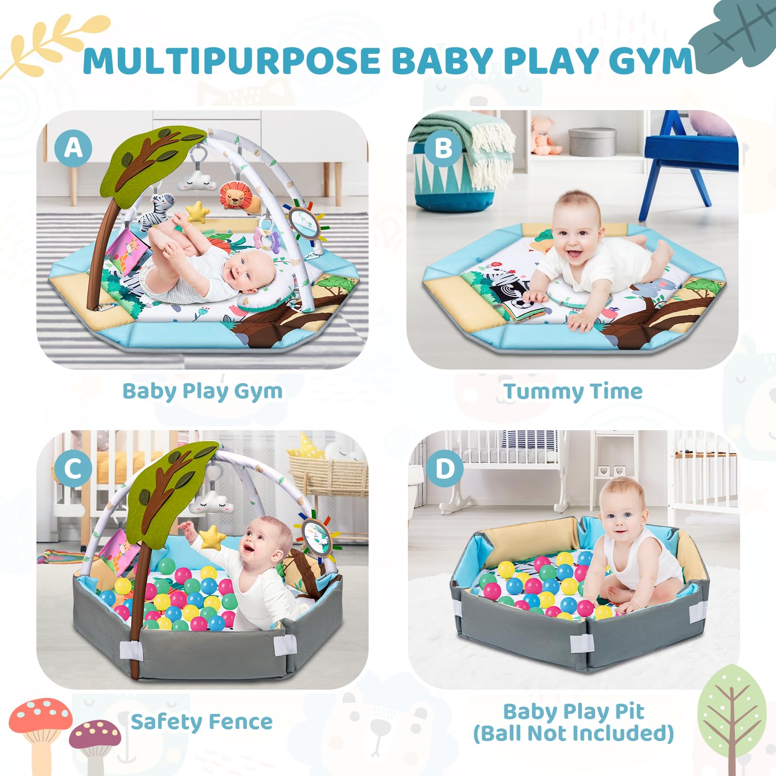 Jyusmile play mat showing six removable toys for grasping and discovery