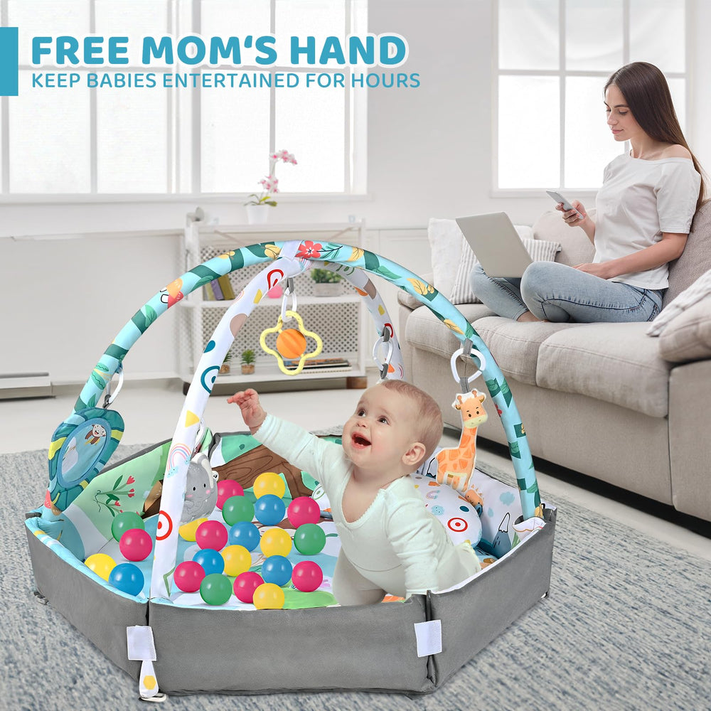 Jyusmile soft, washable play mat offers gentle cushioning.