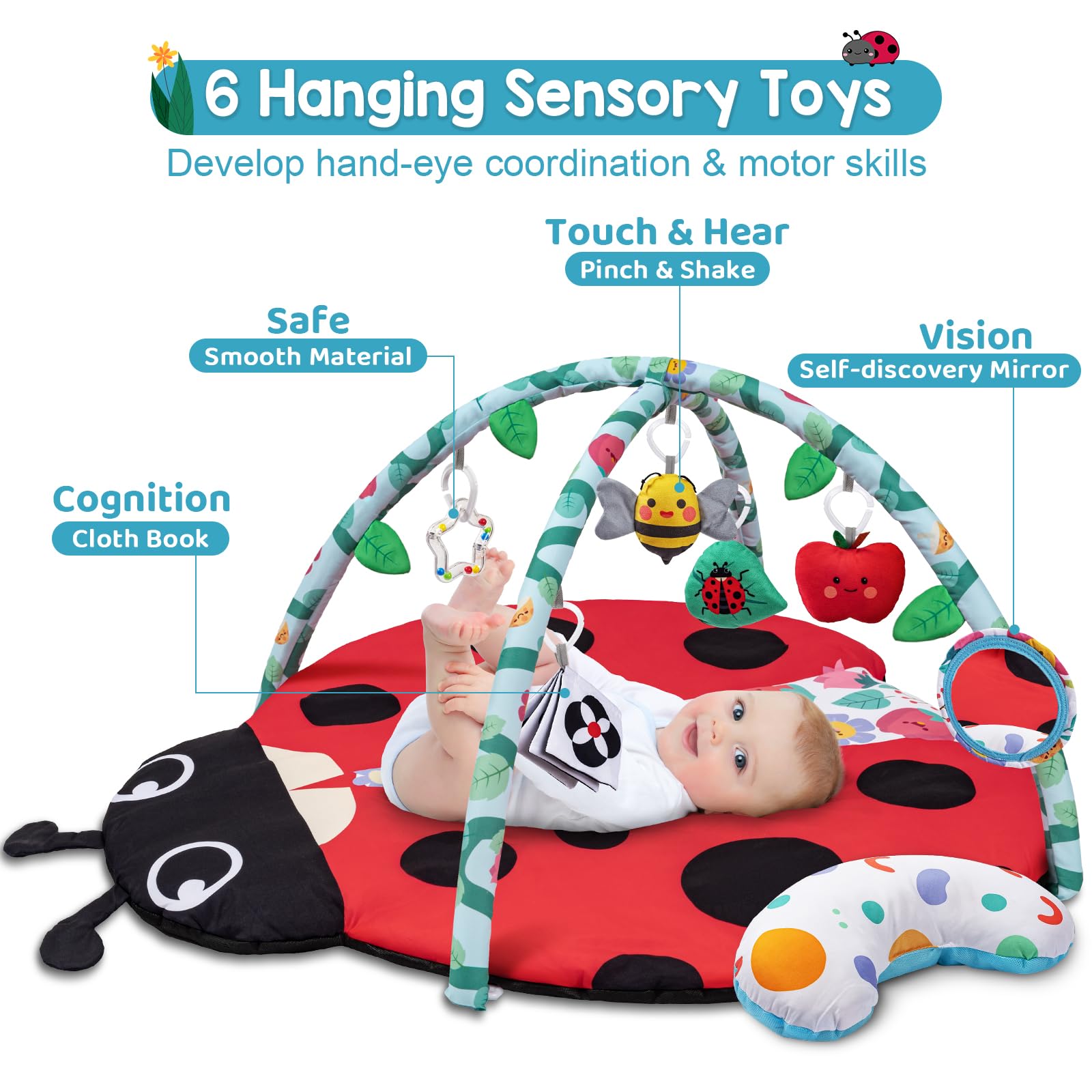 Six removable toys on Jyusmile gym engage visual and auditory senses.