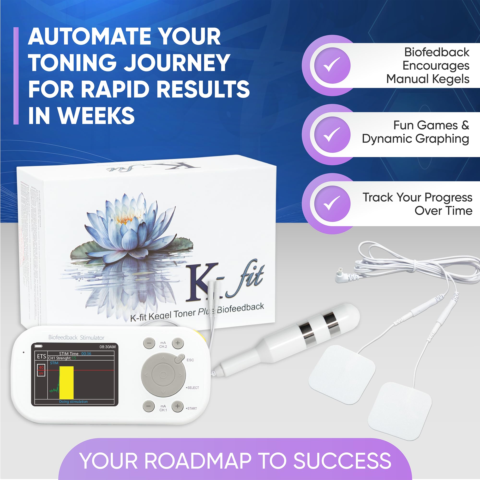 K-fit Kegel Toner Plus 22 preset programs overview on screen.