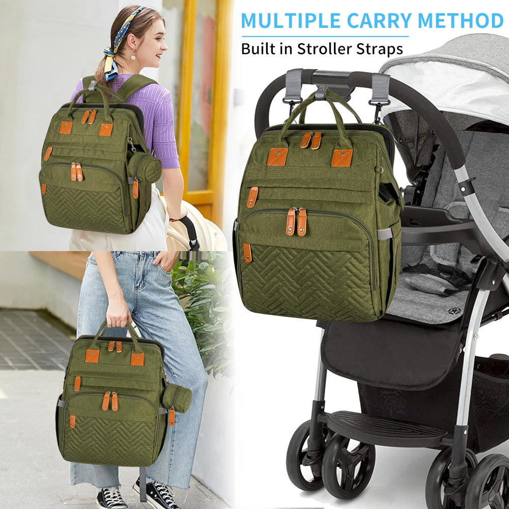 KABAQOO diaper bag includes stroller straps for hands-free travel