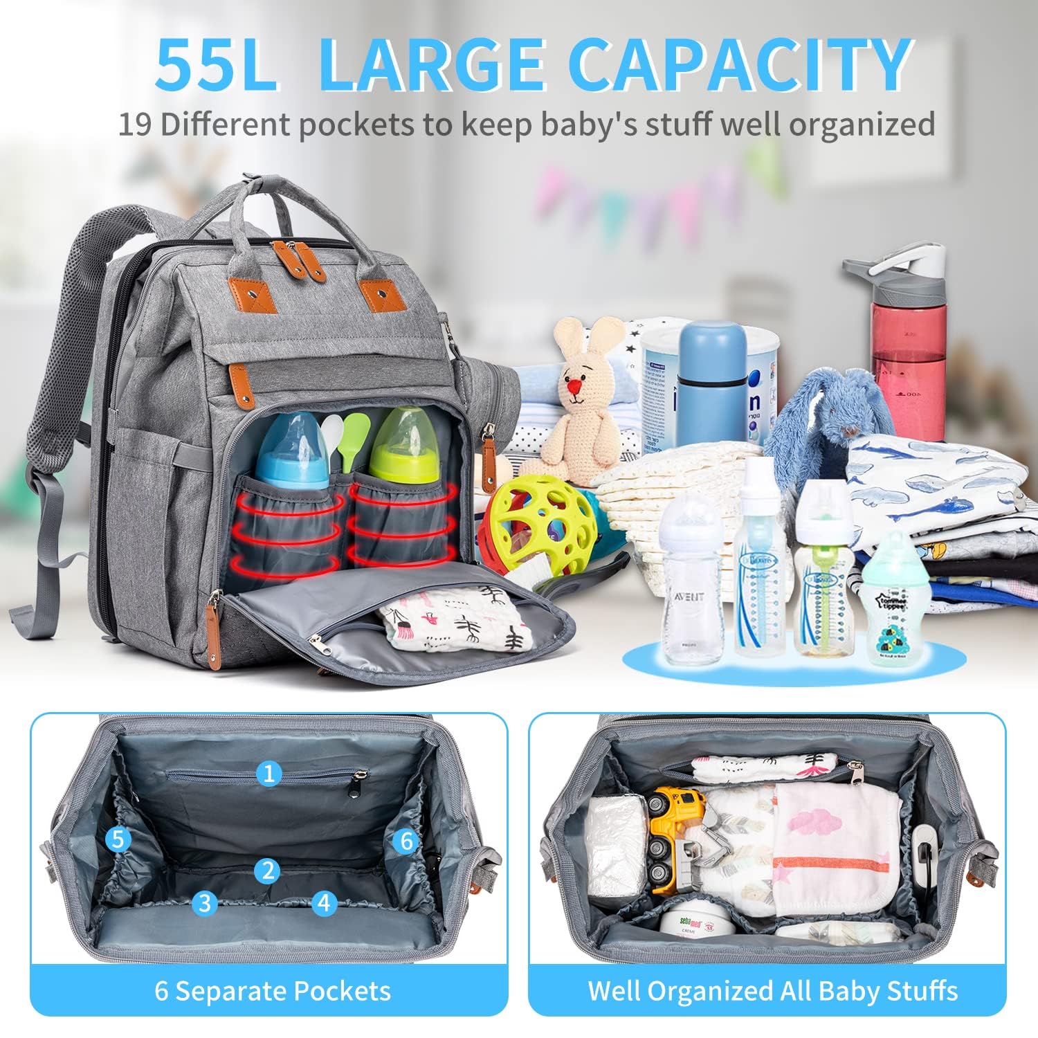 KABAQOO diaper bag shows large capacity and organized pockets