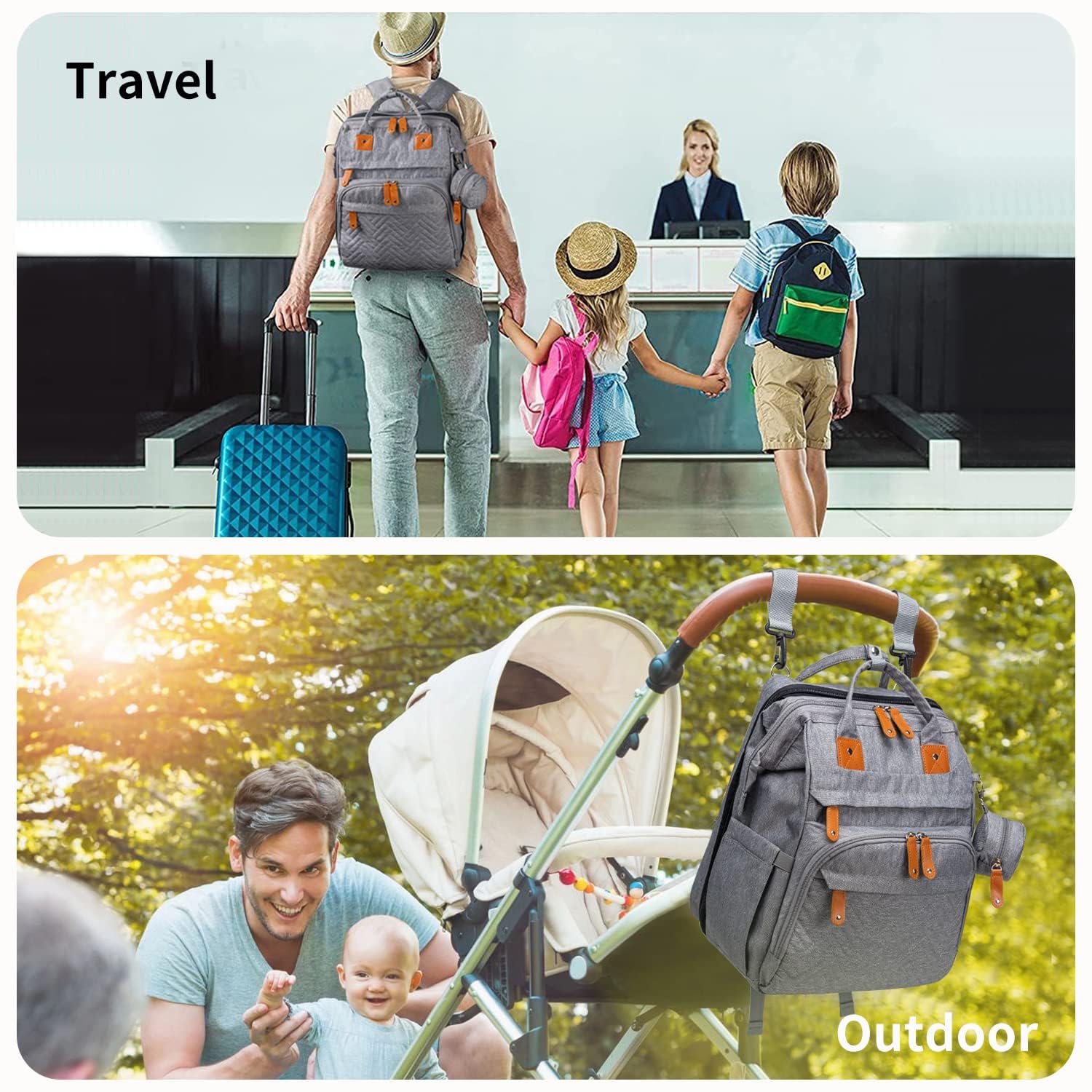 KABAQOO diaper bag with stroller straps for hands-free strolling