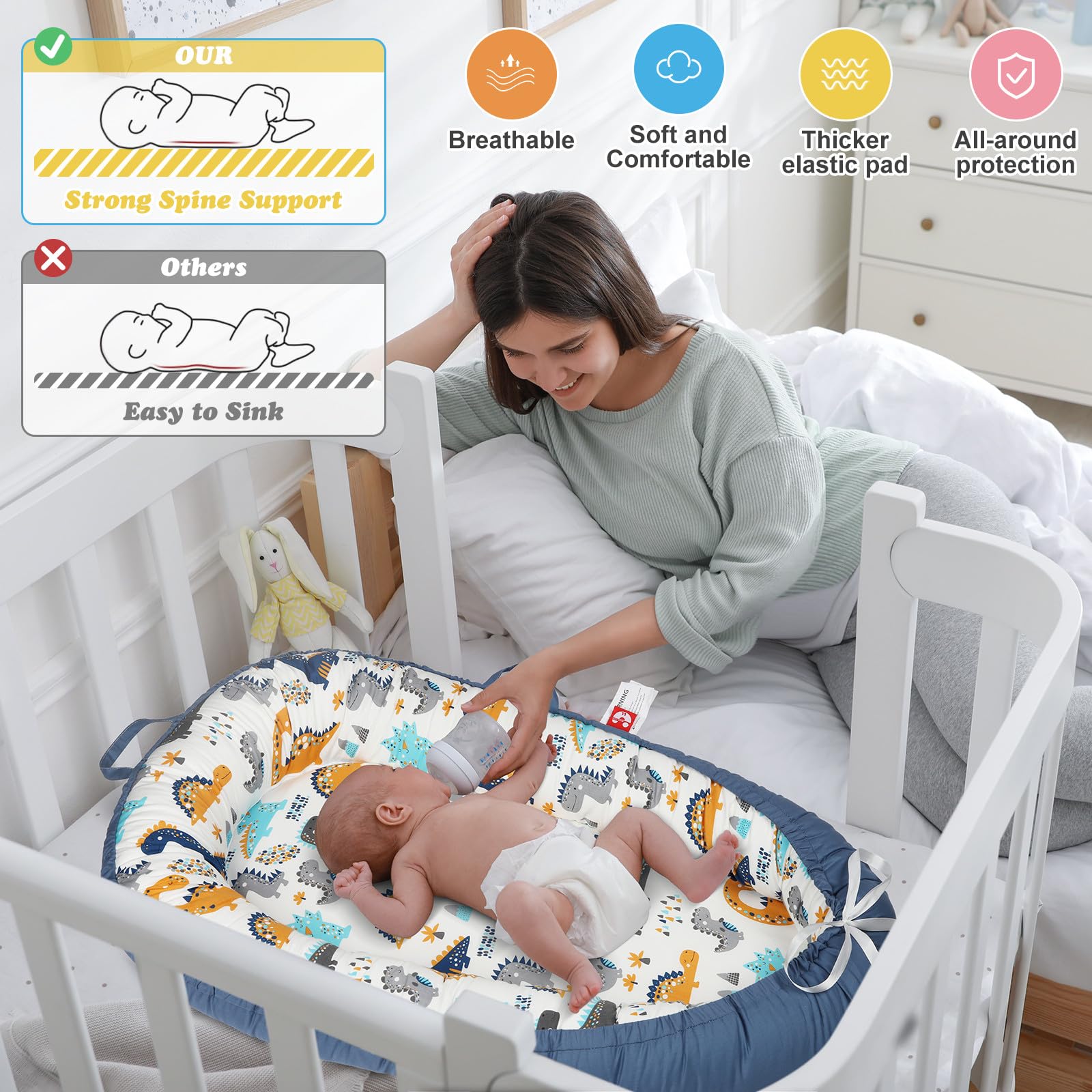 Kabirili Baby Lounger highlighting adjustable quick-release straps for growing babies.