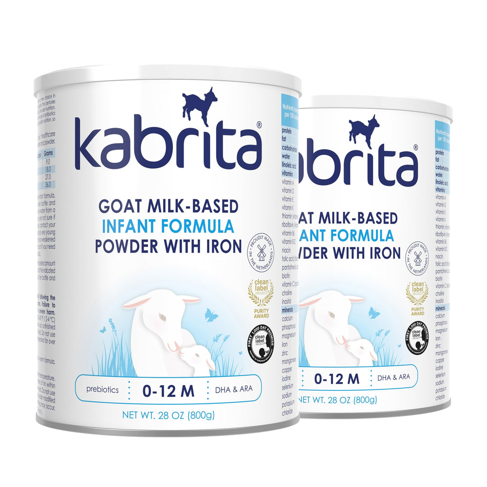 Kabrita goat milk formula packaging highlights non-GMO ingredients for infants.