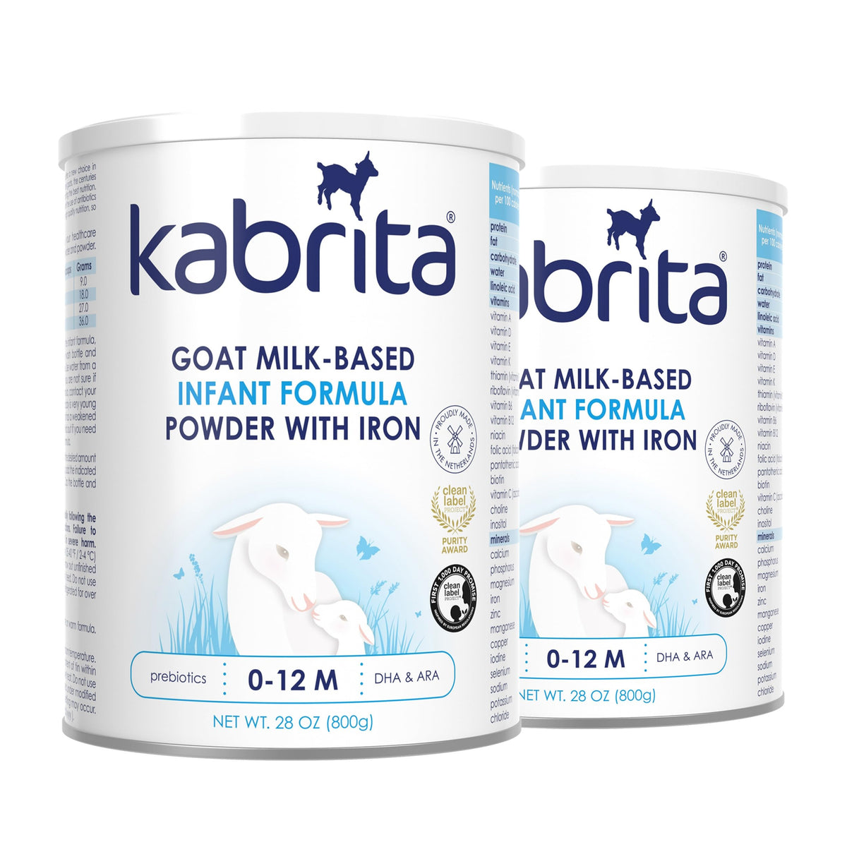 Kabrita goat milk formula packaging highlights non-GMO ingredients for infants.