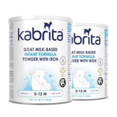 Kabrita goat milk formula packaging highlights non-GMO ingredients for infants.