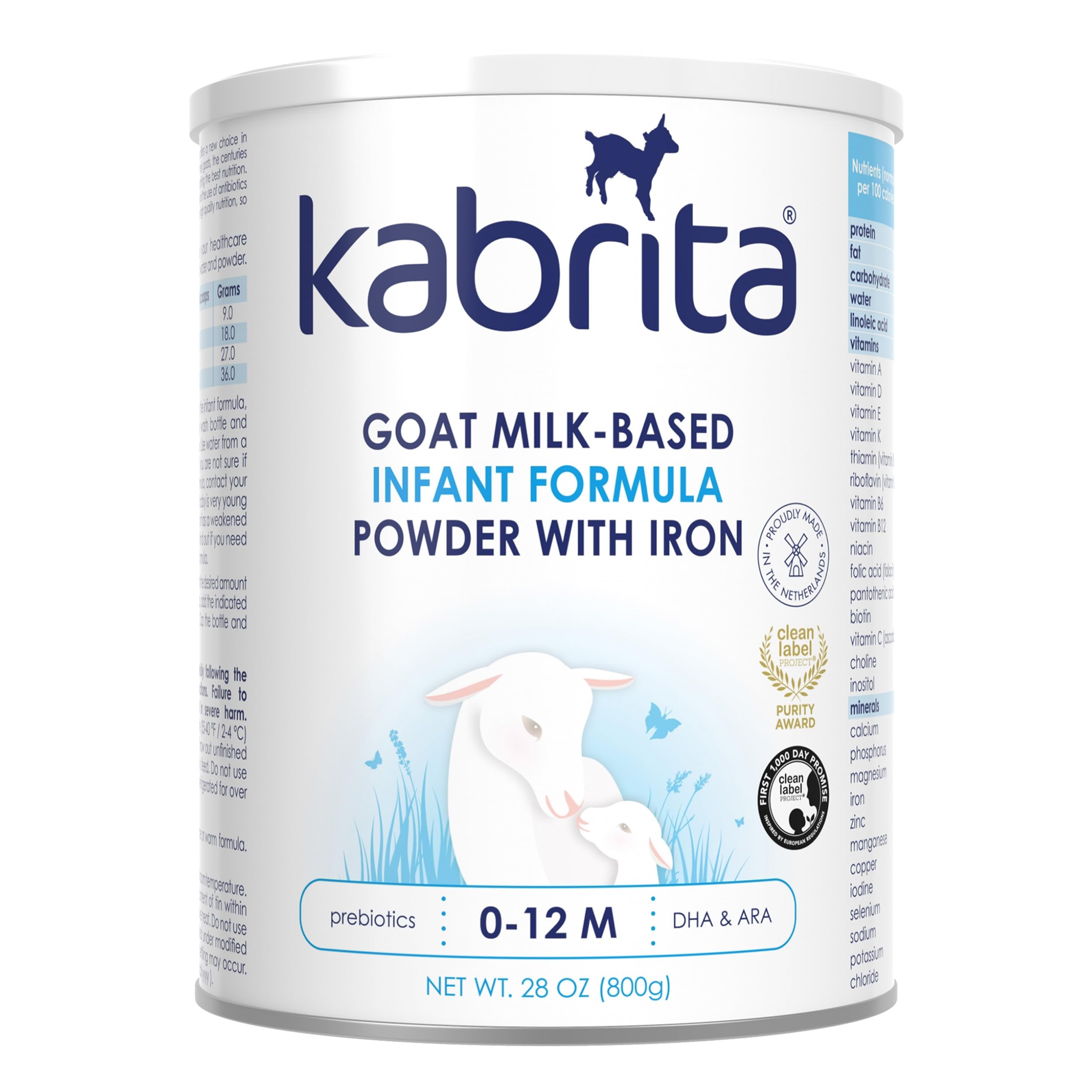 Kabrita goat milk infant formula tin shows 28 oz packaging for iron-rich feeding.