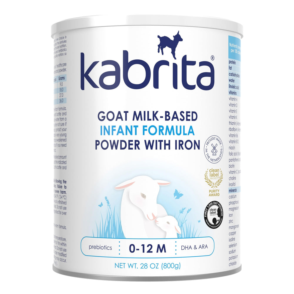 Kabrita goat milk infant formula tin shows 28 oz packaging for iron-rich feeding.