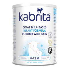 Kabrita goat milk infant formula tin shows 28 oz packaging for iron-rich feeding.