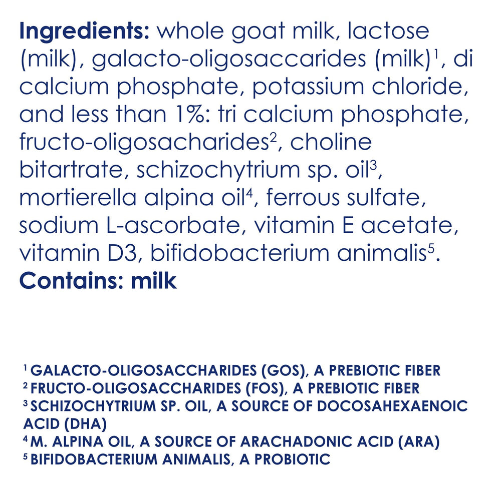 Kabrita label shows GMO-free, no corn syrup, no antibiotics.