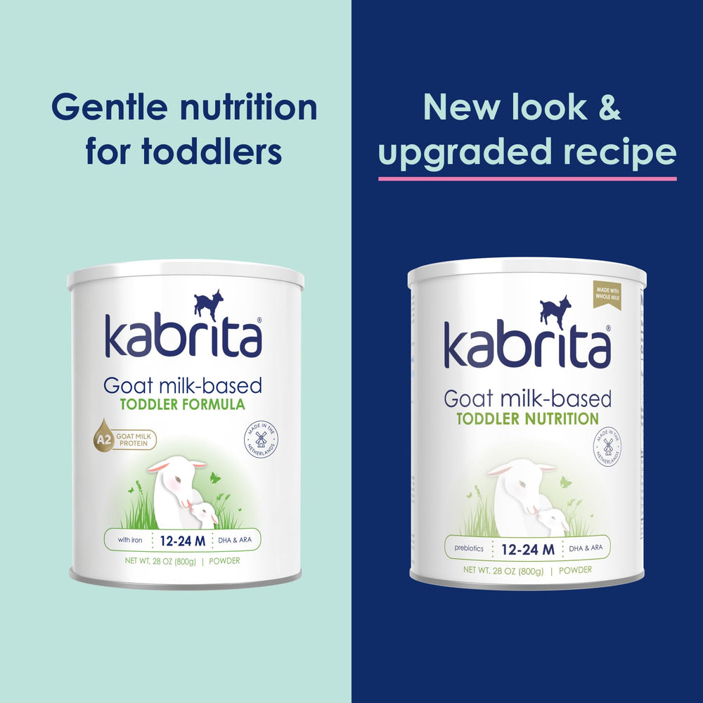 Kabrita goat milk toddler drink label close-up highlights clean ingredients and safety.