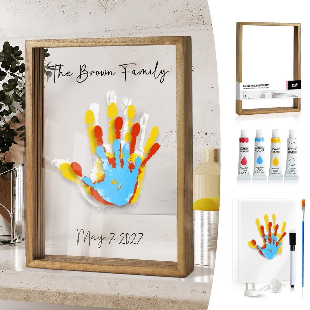 Kaciola family handprint frame kit contents for an all-in-one keepsake setup.