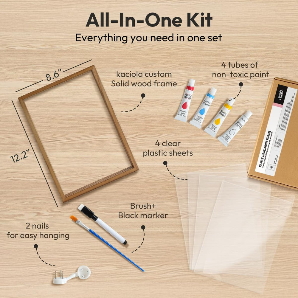 Kaciola handprint kit includes paintbrush and erasable marker for easy customization.