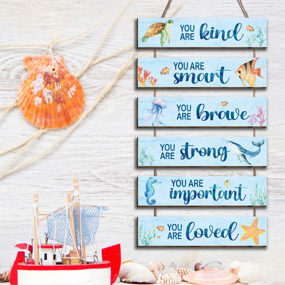 Kadiak easy-hang wood sign set helps quick display.
