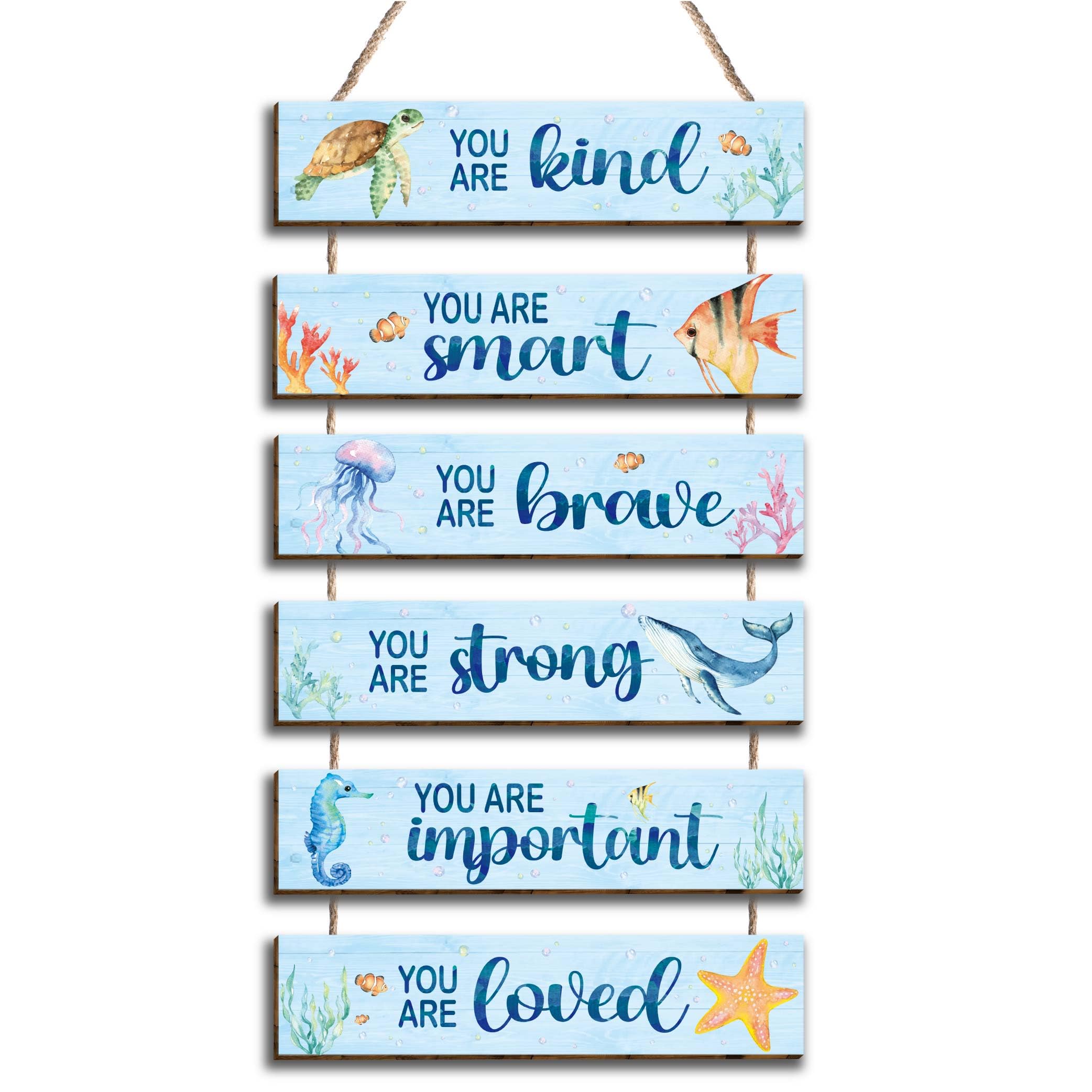Kadiak ocean decor placards for kids' room brighten walls with positive quotes.