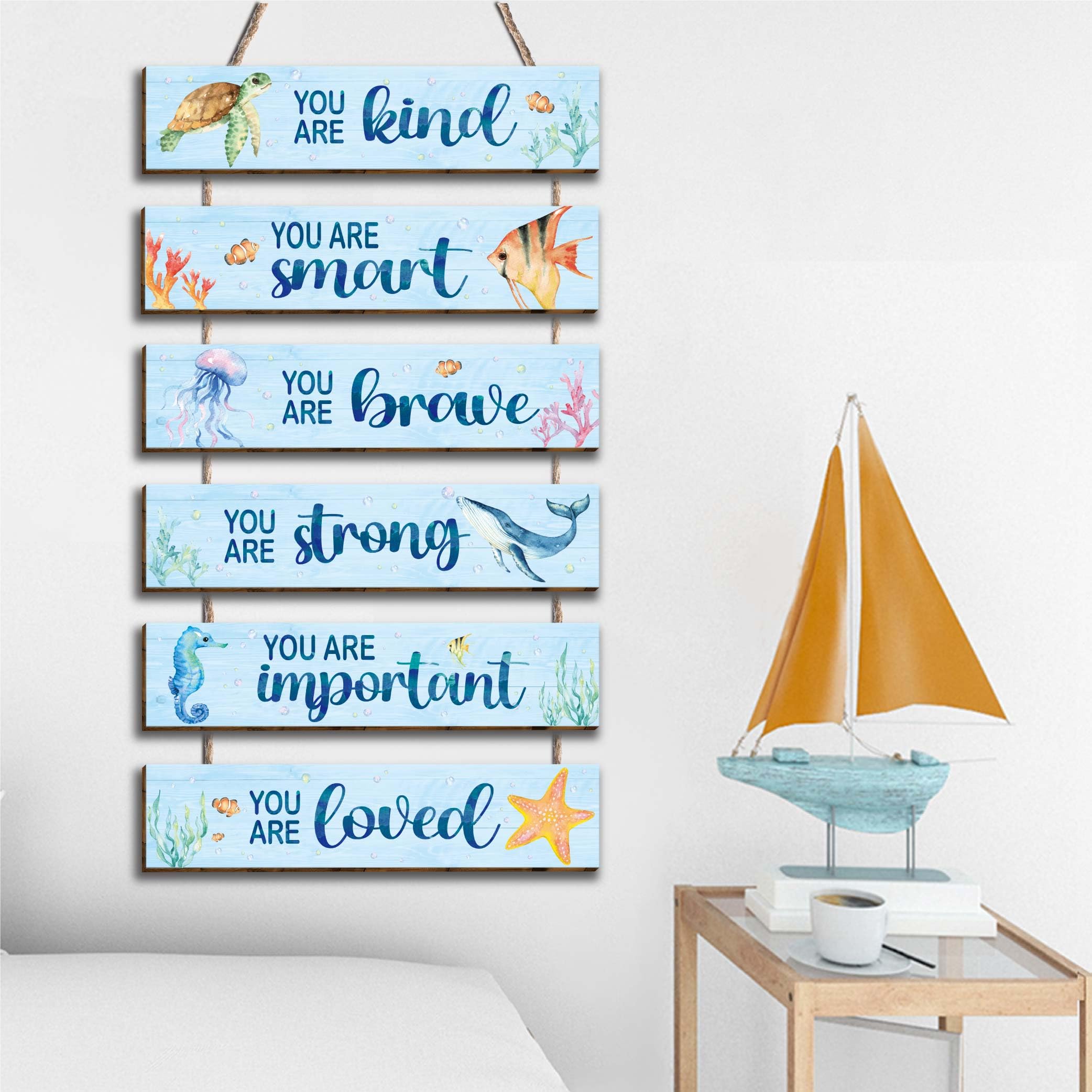 Kadiak wood wall sign with inspirational quotes enhances hallway decor.