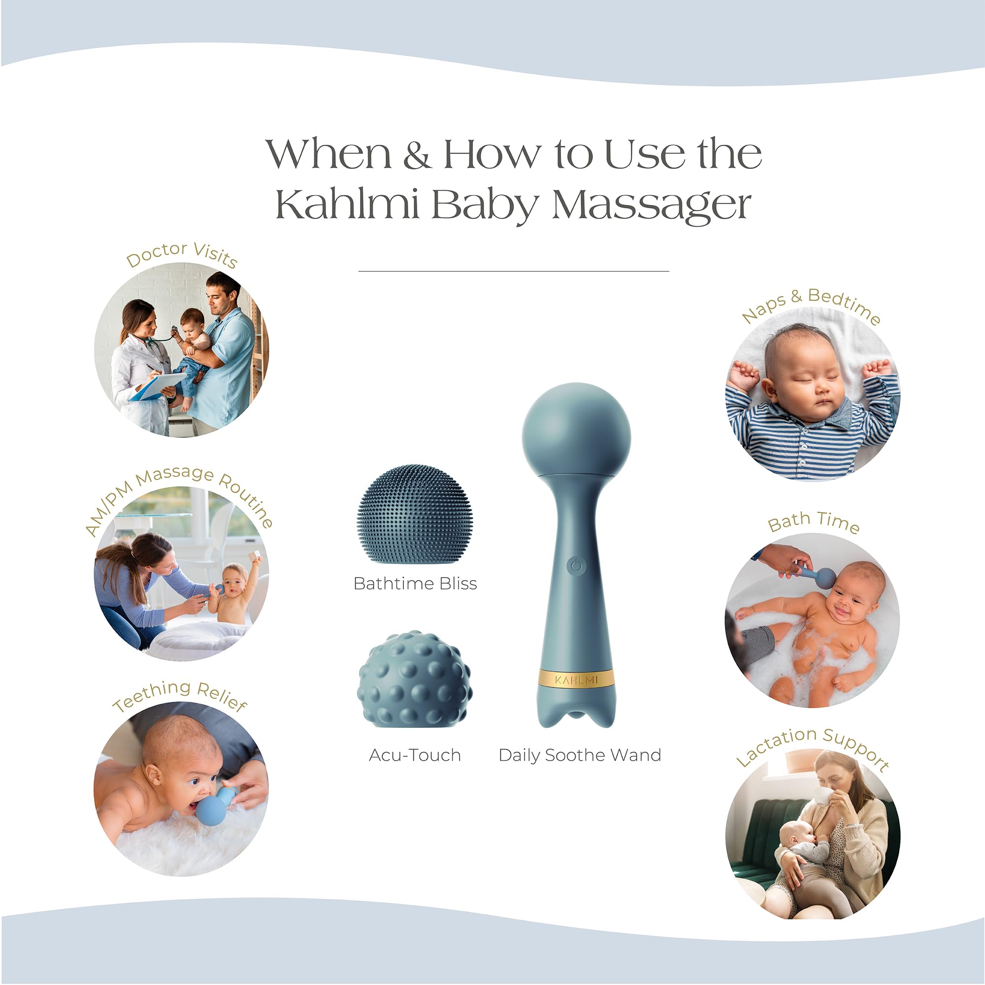 KAHLMI soft silicone material provides safe baby exploration during massage.