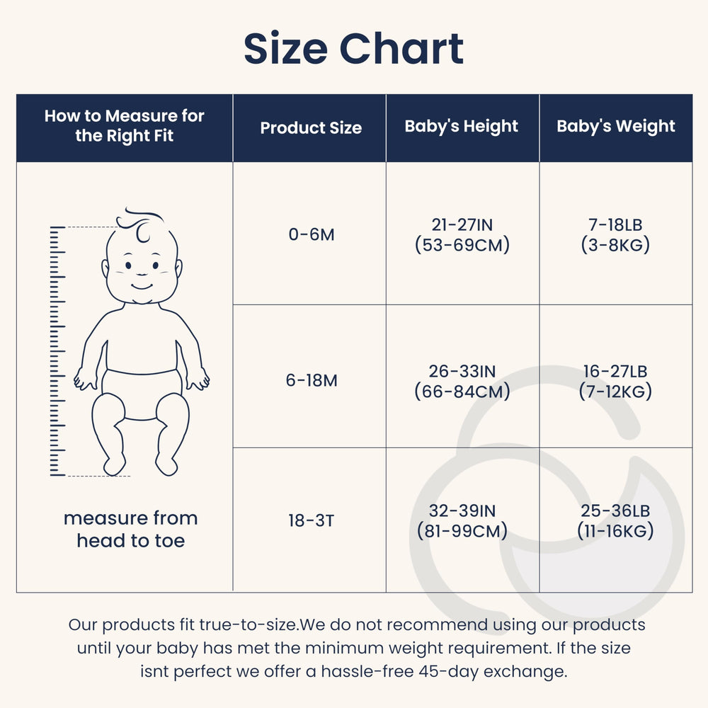 Kaiya Baby size chart covers S, M, and L for growing children.