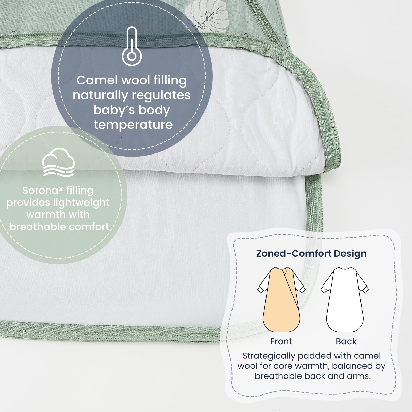 Kaiya Baby sleep sack close-up shows plush fabric and lasting loft for cozy nights