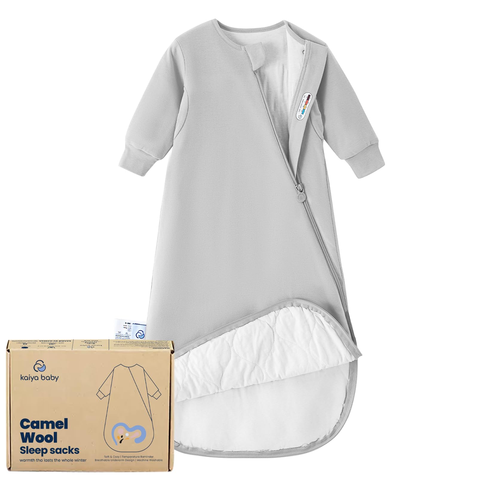 Kaiya Baby sleep sack front view shows cozy wearable blanket for ages 0-36 months.
