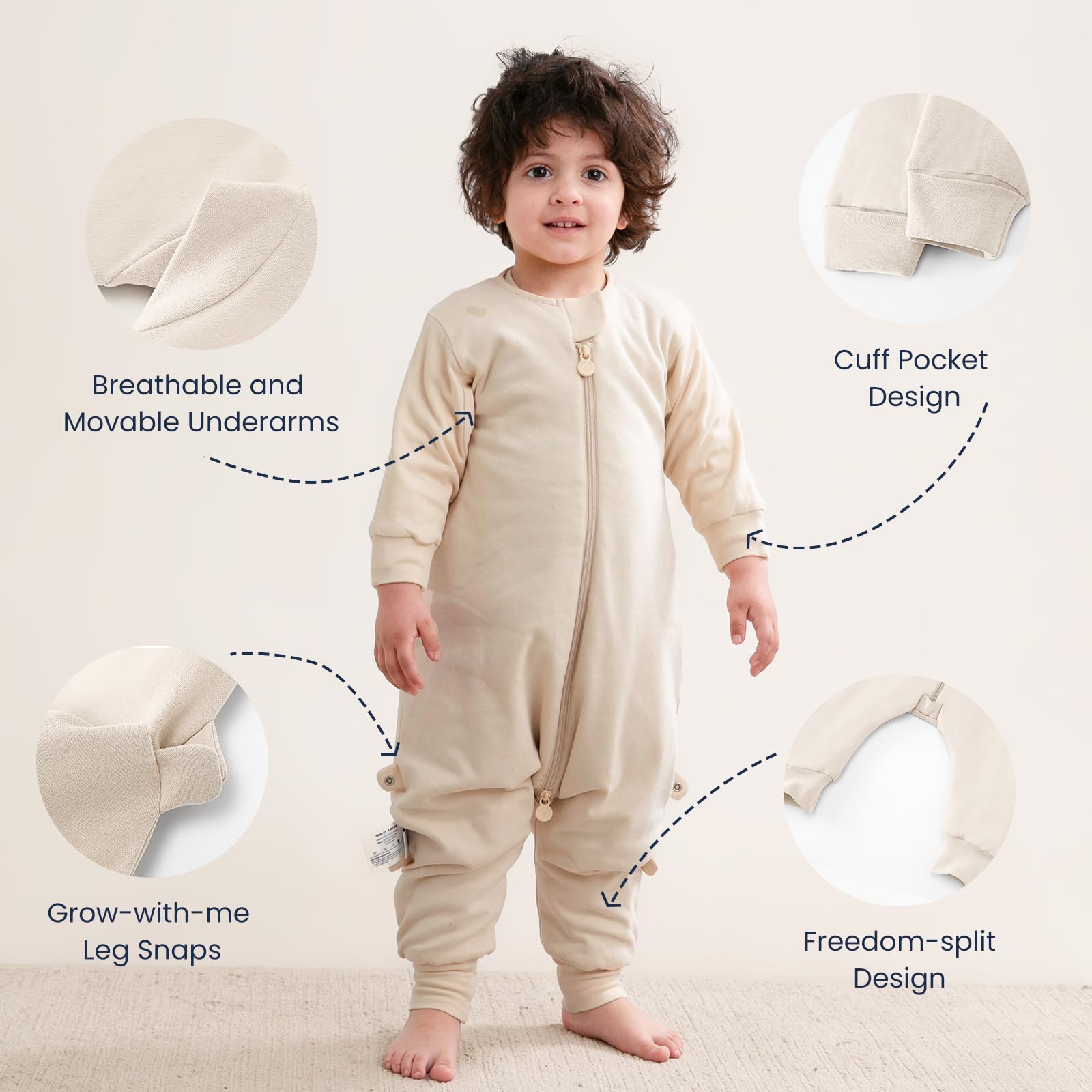 Size chart and tog options shown for Kaiya Baby sleep sack.