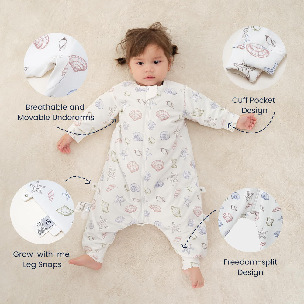 Kaiya Baby sleep sack size chart image helps selecting S, M, or L for growing toddlers.