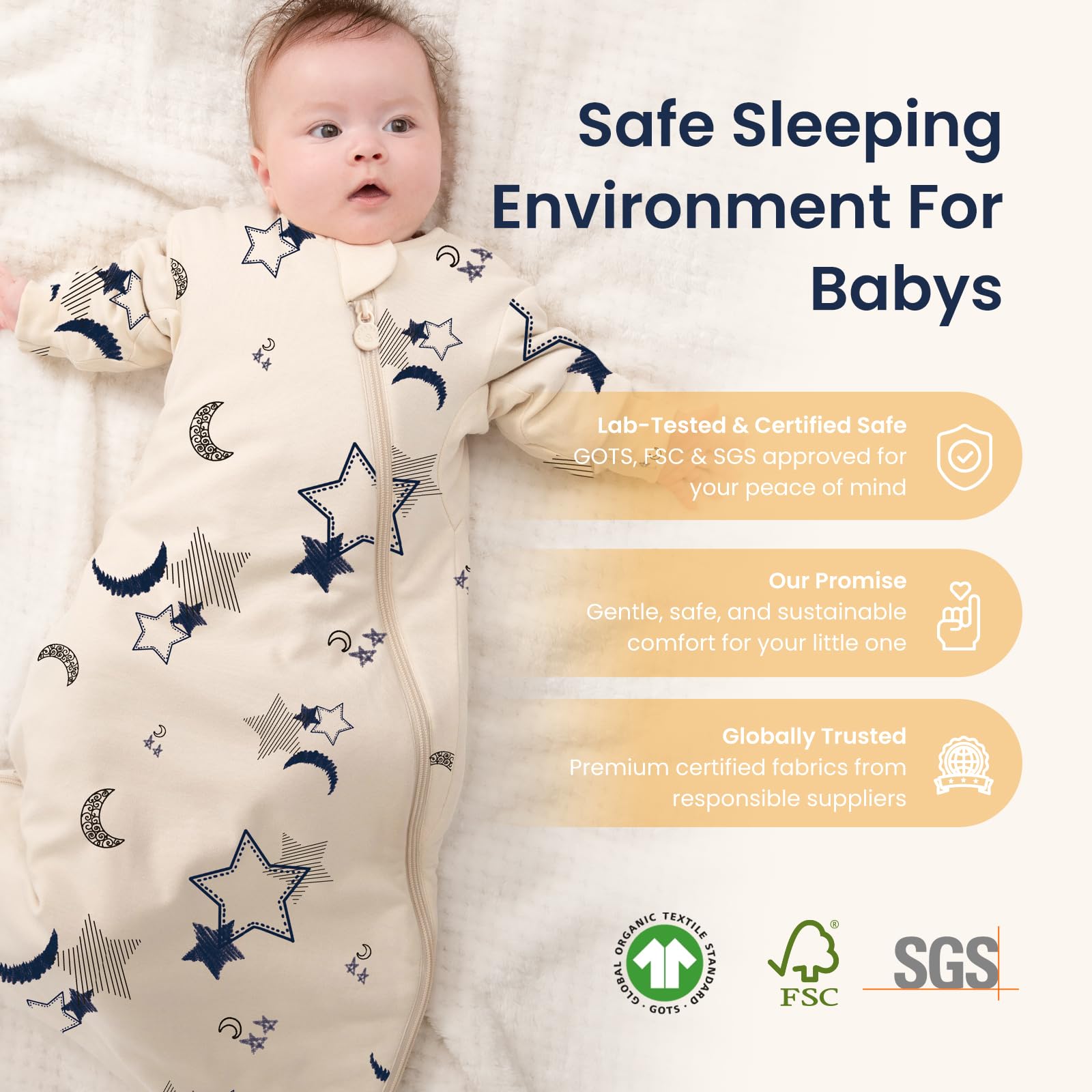 Kaiya Baby Sleep Sack size chart view helps choose the right fit.