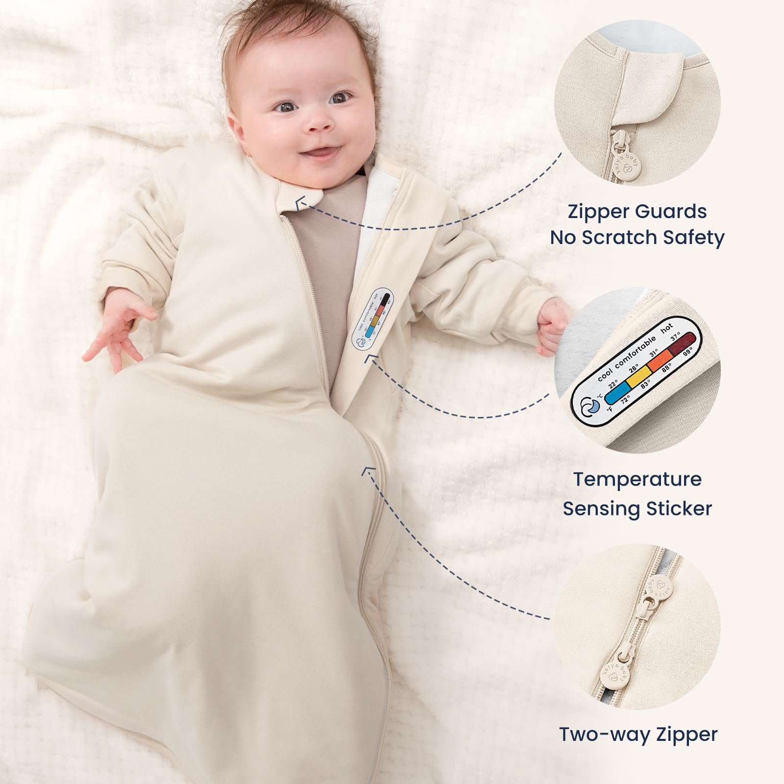 Kaiya Baby organic cotton sleeping bag breathes softly against skin during sleep.