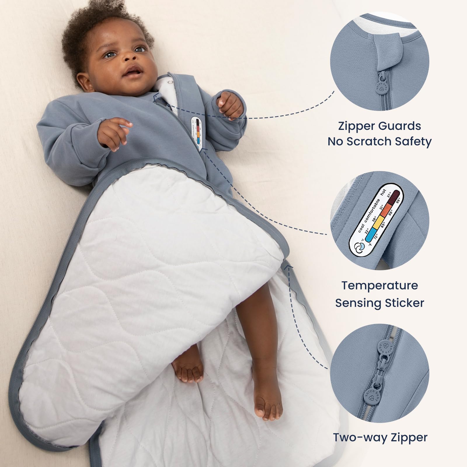 Kaiya Baby bottom zipper facilitates diaper changes without fully waking the baby