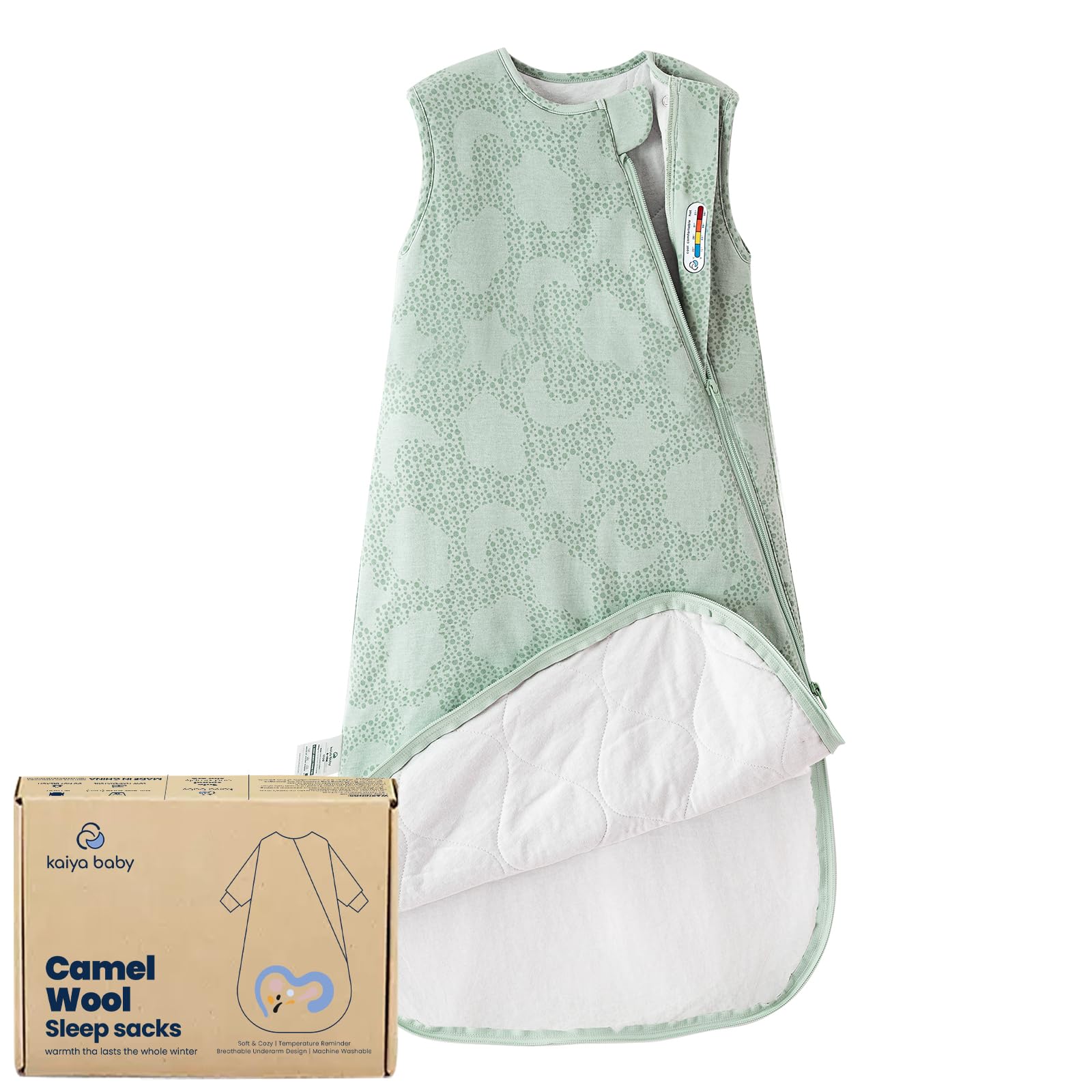 Kaiya Baby sleeping bag with chest temperature sticker helps adjust layers for comfort.