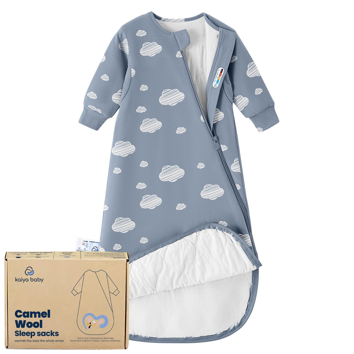 Kaiya Baby sleeping bag with closed front zipper for easy night changes.