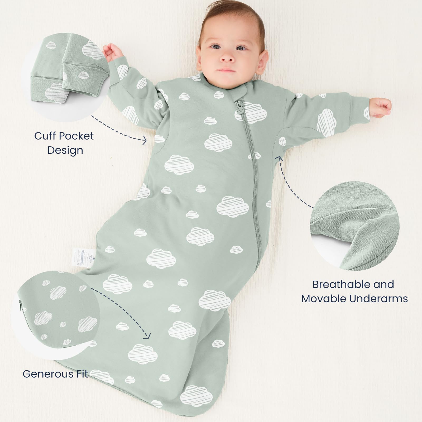 Kaiya Baby dual zipper design makes diaper changes during night easier.