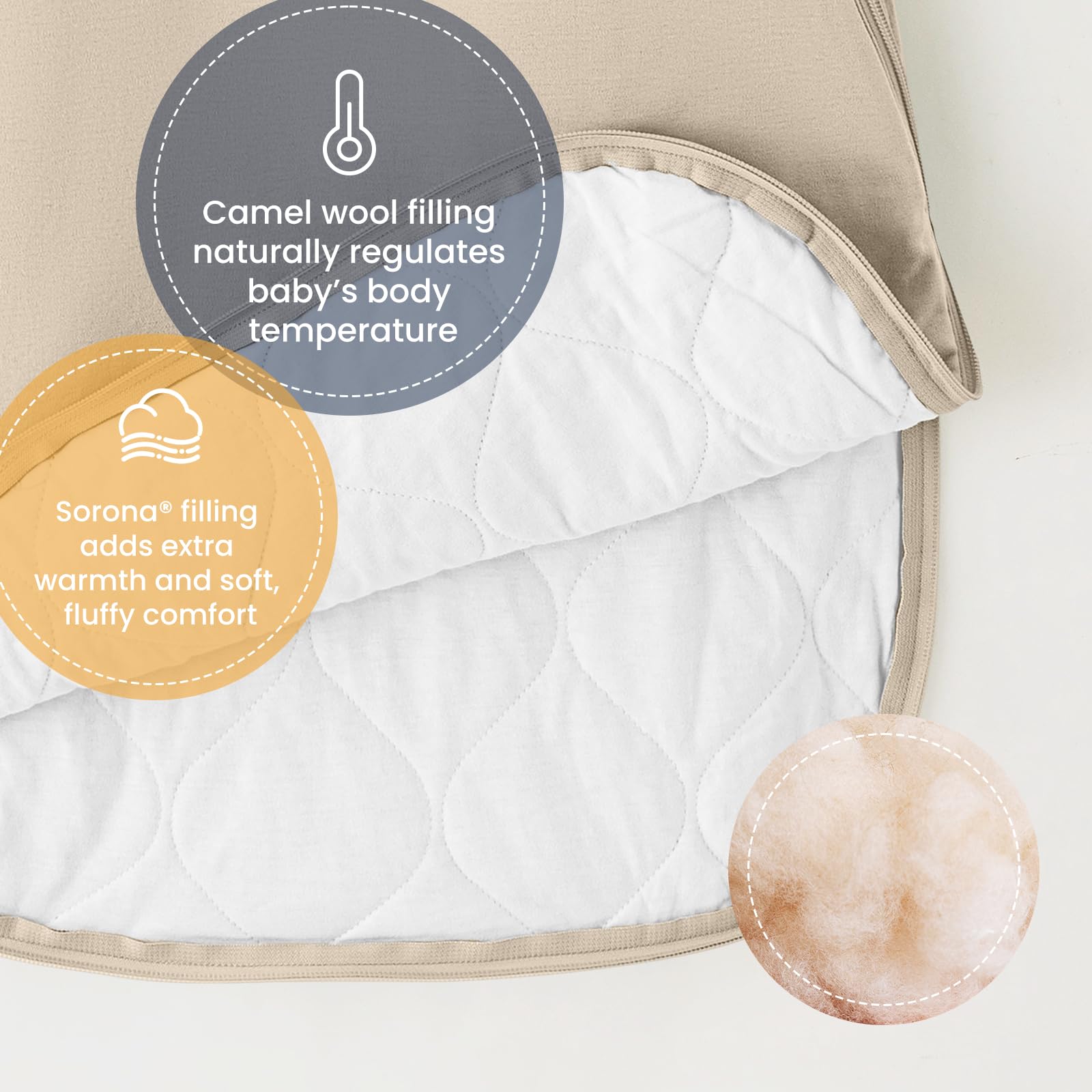 Kaiya Baby sleeping bag dual zipper opens from bottom for quick night diaper changes.
