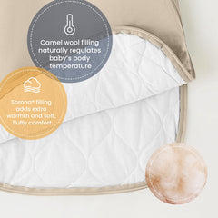 Kaiya Baby sleeping bag dual zipper opens from bottom for quick night diaper changes.