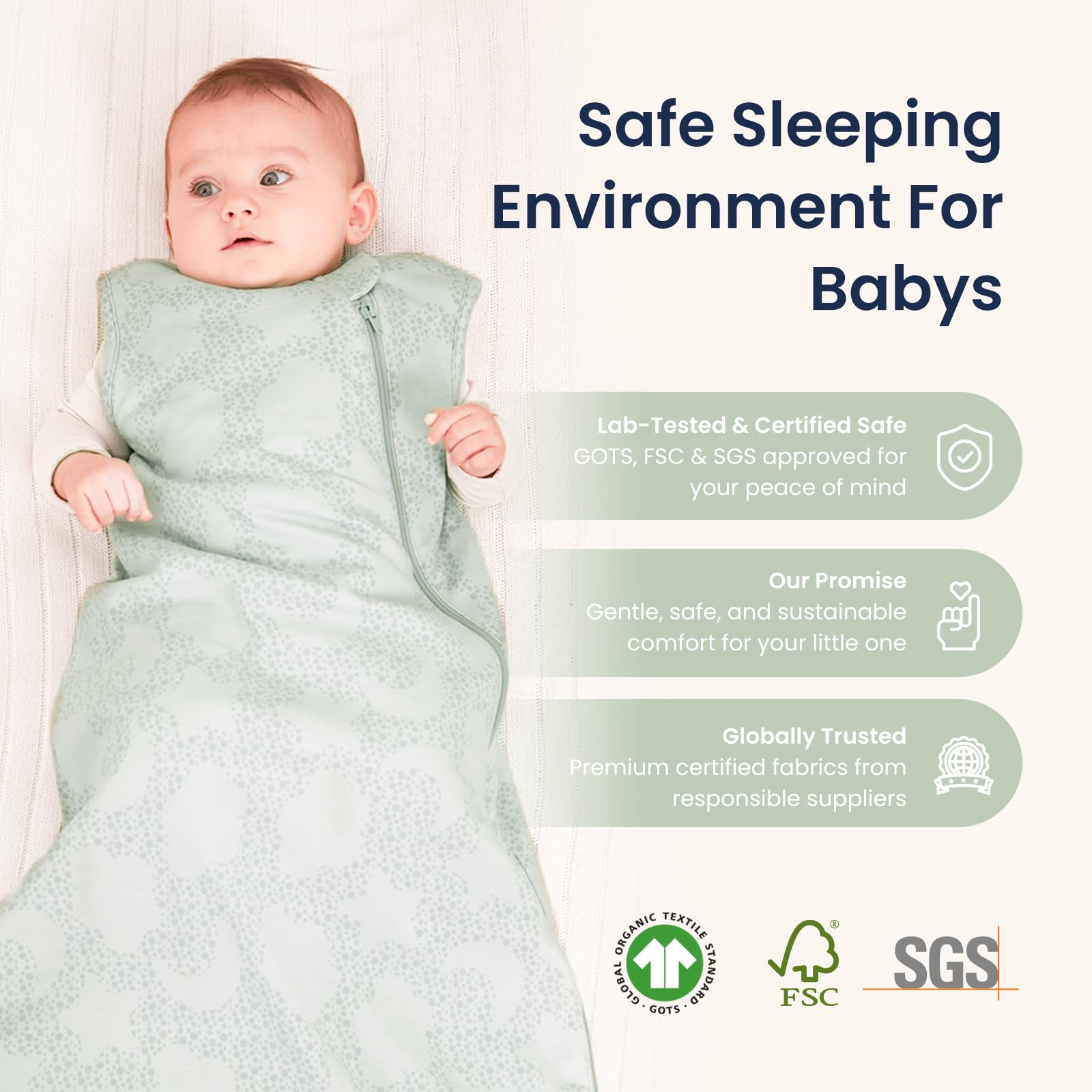 Kaiya Baby sleeping bag in use demonstrates cozy wearable blanket for safe sleep.