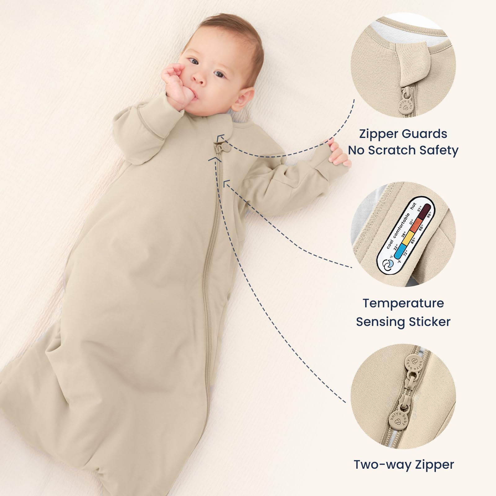 Kaiya Baby sleeping bag loose leg room supports natural hip development.