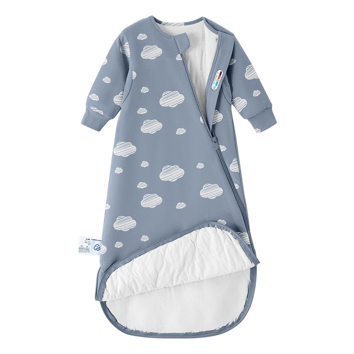 Kaiya Baby sleeping bag on infant, front view, breathable fabric for cozy naps.