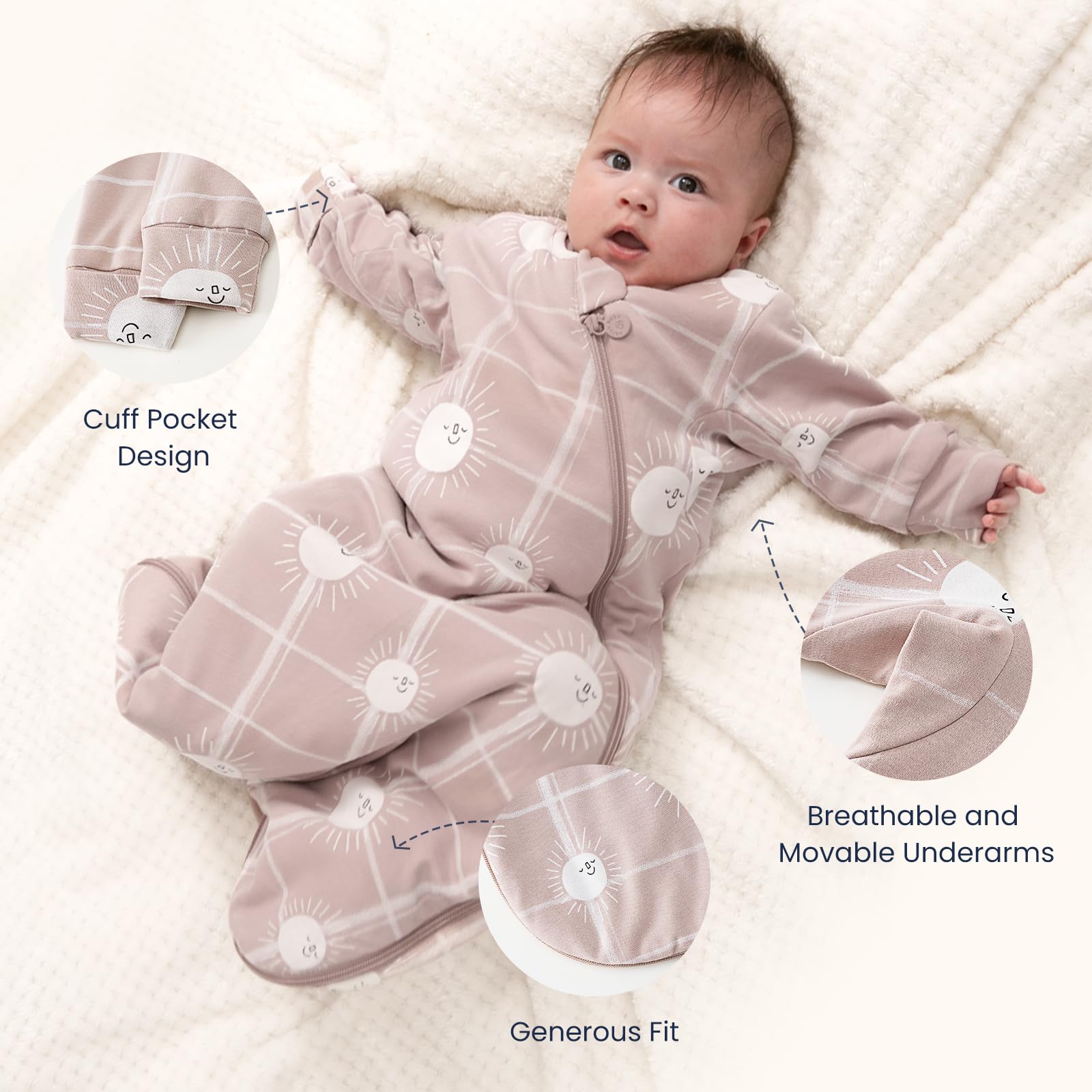 Kaiya Baby sleeping bag with roomy leg area enabling natural movement.