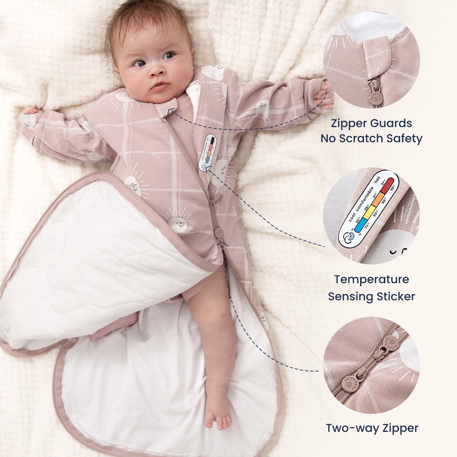 Kaiya Baby sleeping bag side view showing snug fit and sleeves for warmth.
