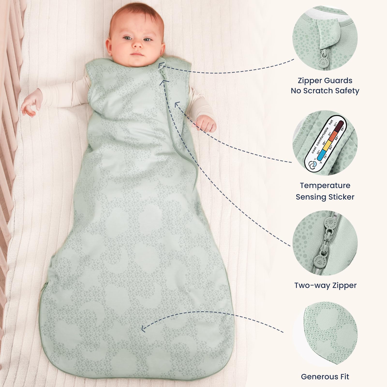 Kaiya Baby sleeping bag size chart helps find the right fit.