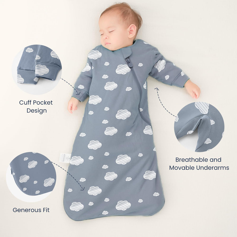 Kaiya Baby sleeping bag size chart shows S, M, L options.