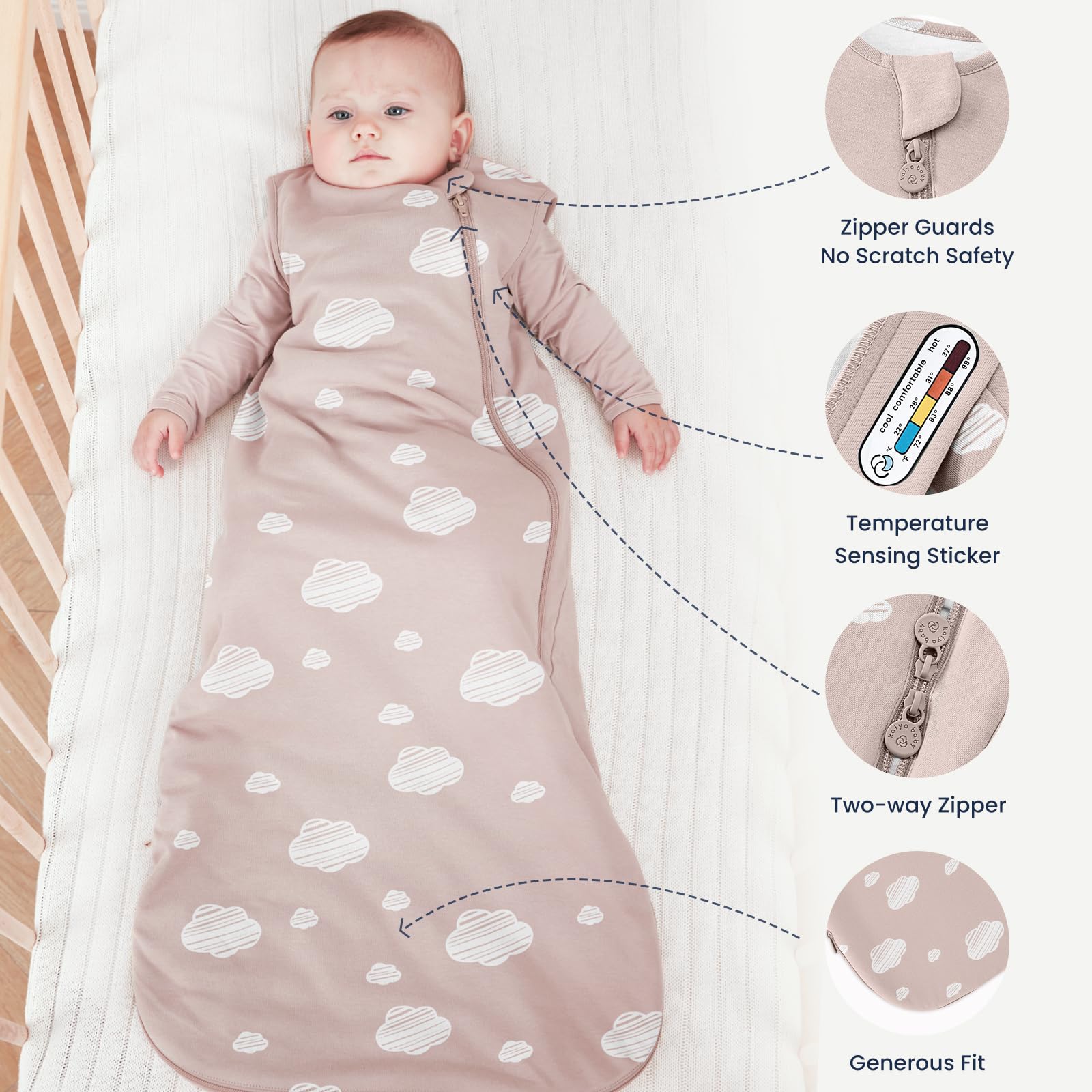 Kaiya Baby size chart and TOG options for growing babies