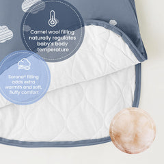 Kaiya Baby sleeping bag shows chest temperature sticker for easy warmth checks.