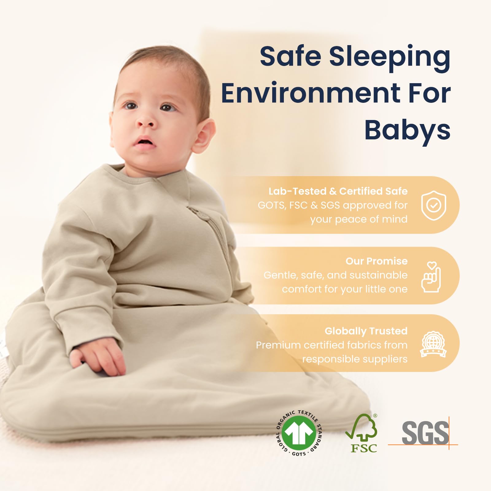 Kaiya Baby sleeping bag three size options provide growing comfort and flexibility.