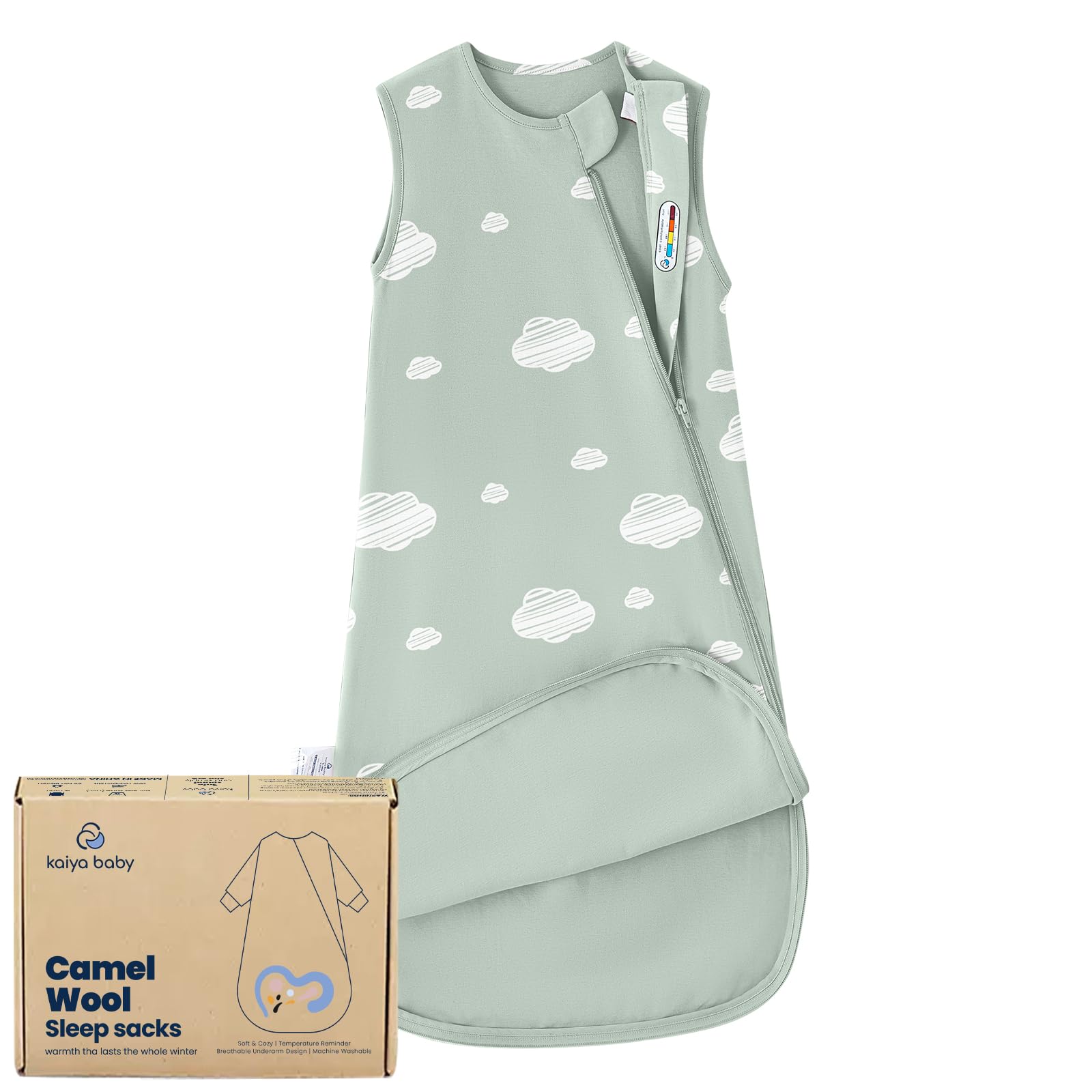Kaiya Baby sleeping bag top view with soft organic cotton for gentle night comfort.