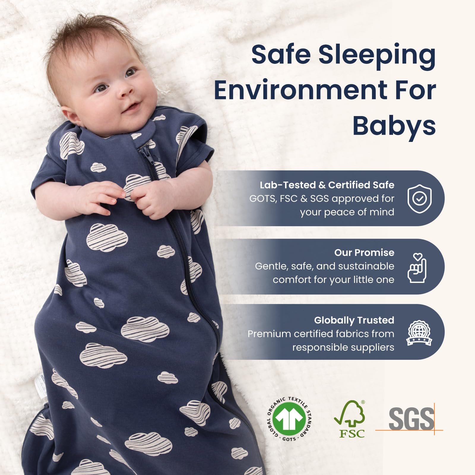 Kaiya Baby wearable blanket in use showing sleeveless design and secure neck.