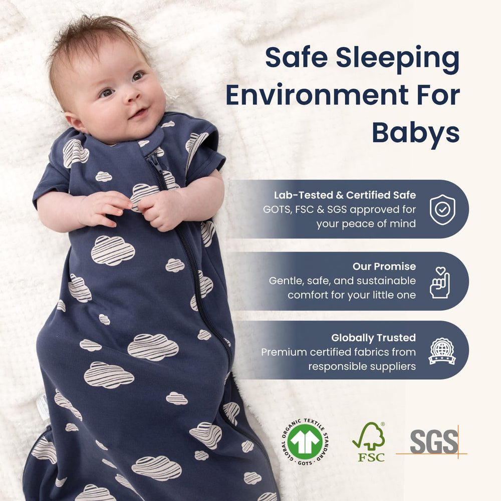 Kaiya Baby wearable blanket in use showing sleeveless design and secure neck.